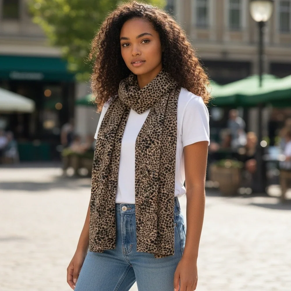 Lands End Leopard Print Fleece‎ Scarf Soft Warm Tan Black Animal Print Accessory